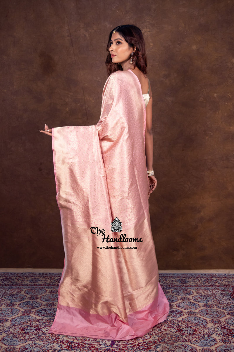 Onion Pink Pure Katan Silk Banarasi Handloom Saree - Tanchui Brocade - The Handlooms