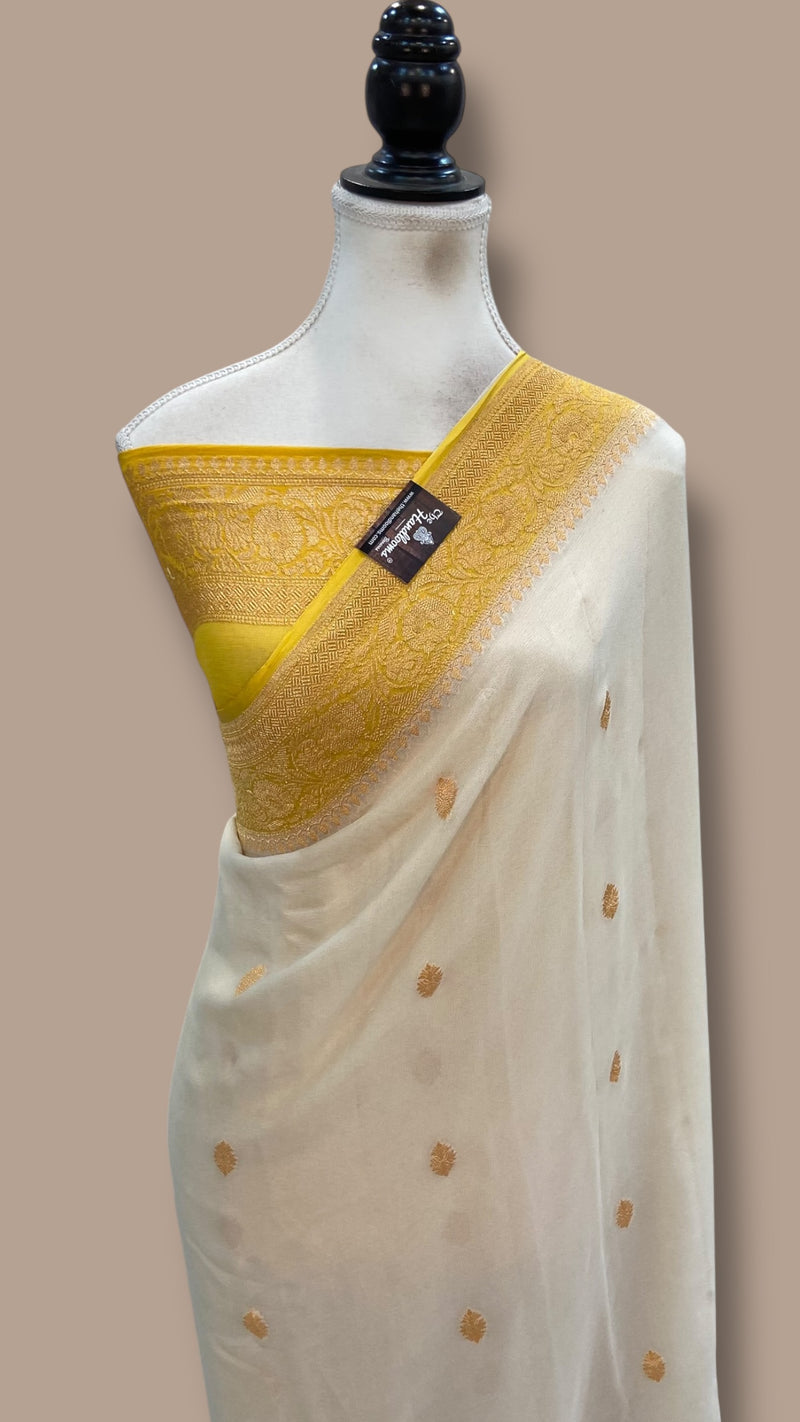 White Pure Georgette Handloom Banarasi Saree - Gold Zari - The Handlooms