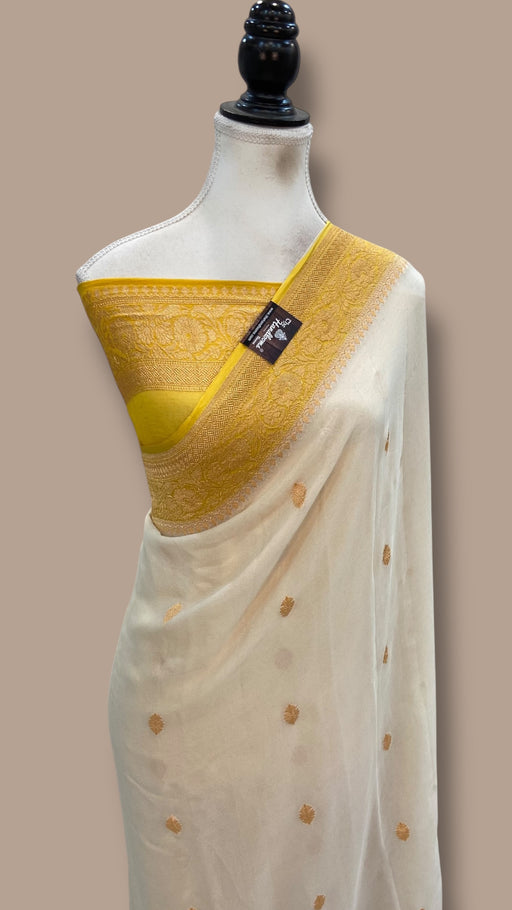 White Pure Georgette Handloom Banarasi Saree - Gold Zari - The Handlooms