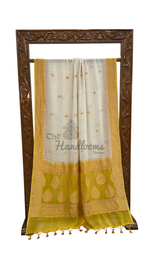 White Pure Georgette Handloom Banarasi Saree - Gold Zari - The Handlooms