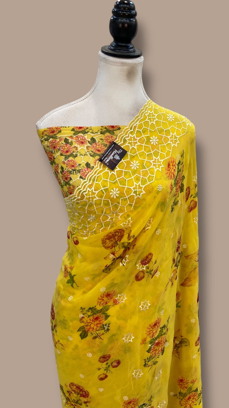 Pure Georgette Handloom Banarasi Saree - Chikanka With Digital Print - The Handlooms