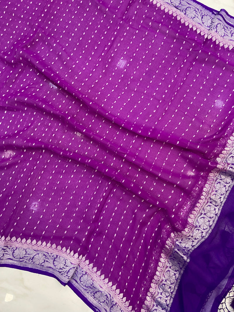 Pure Georgette Dupatta - Magenta With Royal Blue silver zari - The Handlooms