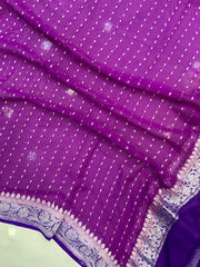 Pure Georgette Dupatta - Magenta With Royal Blue silver zari - The Handlooms