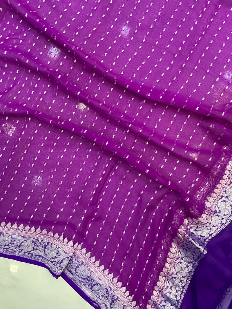 Pure Georgette Dupatta - Magenta With Royal Blue silver zari - The Handlooms