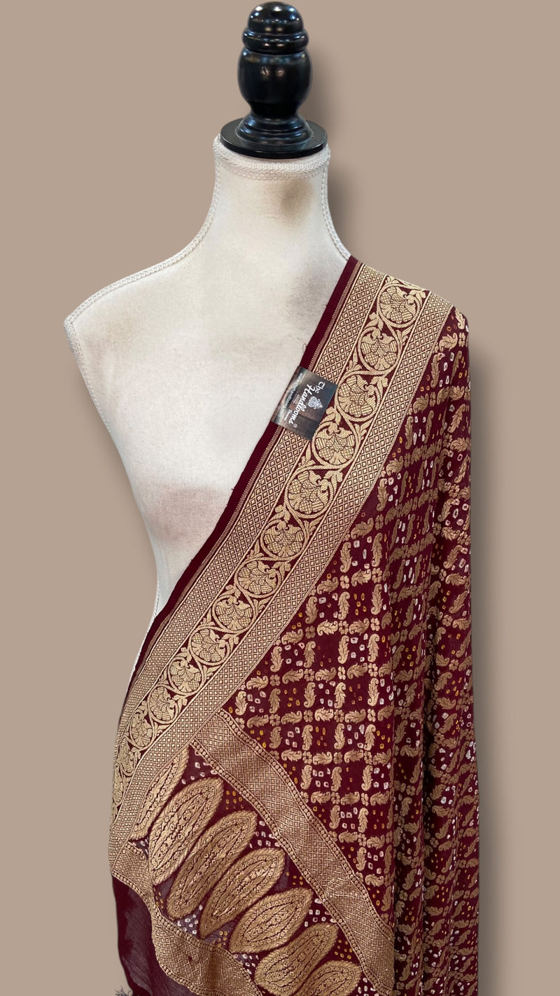 Maroon Pure Georgette Banarasi Bandhej Handloom Dupatta