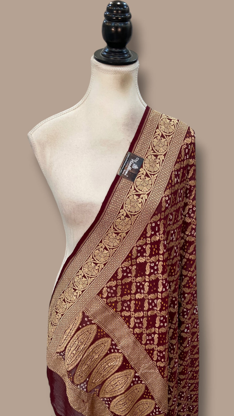 Maroon Pure Georgette Banarasi Bandhej Handloom Dupatta