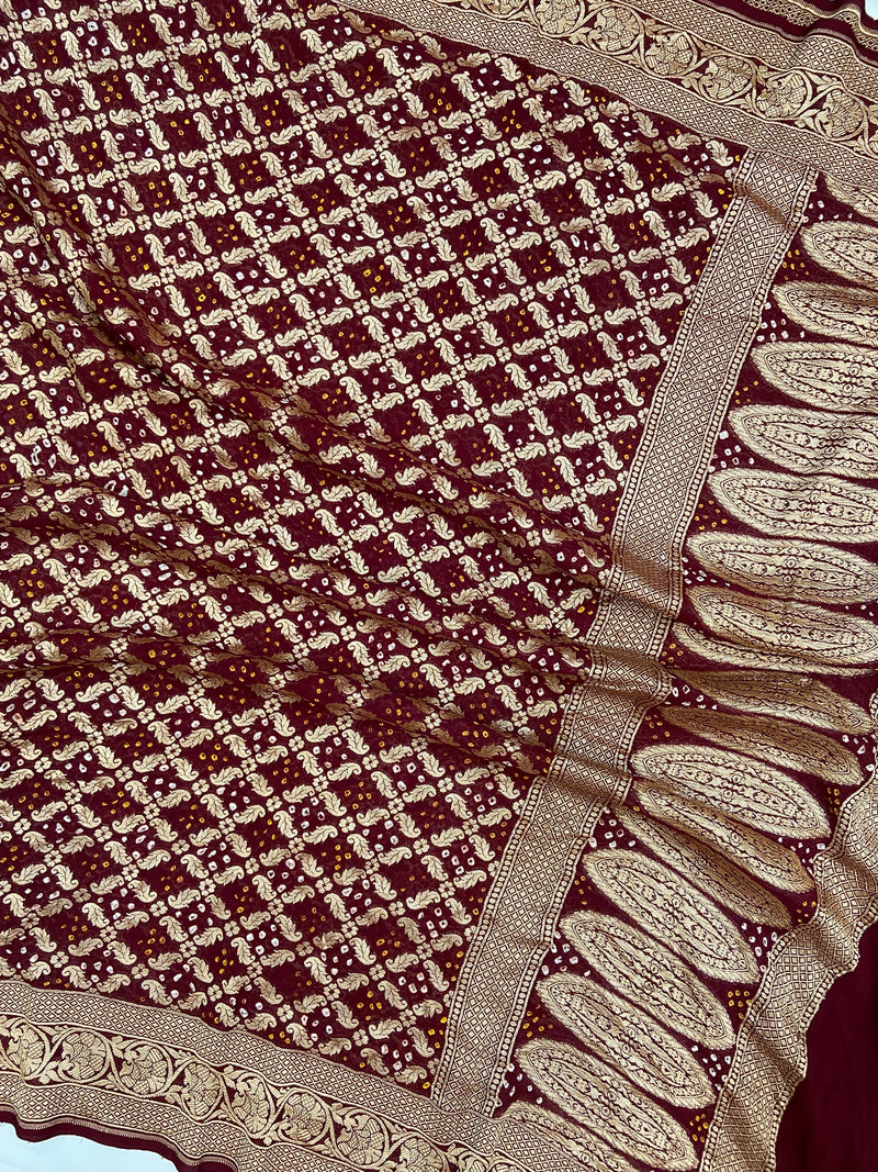 Maroon Pure Georgette Banarasi Bandhej Handloom Dupatta