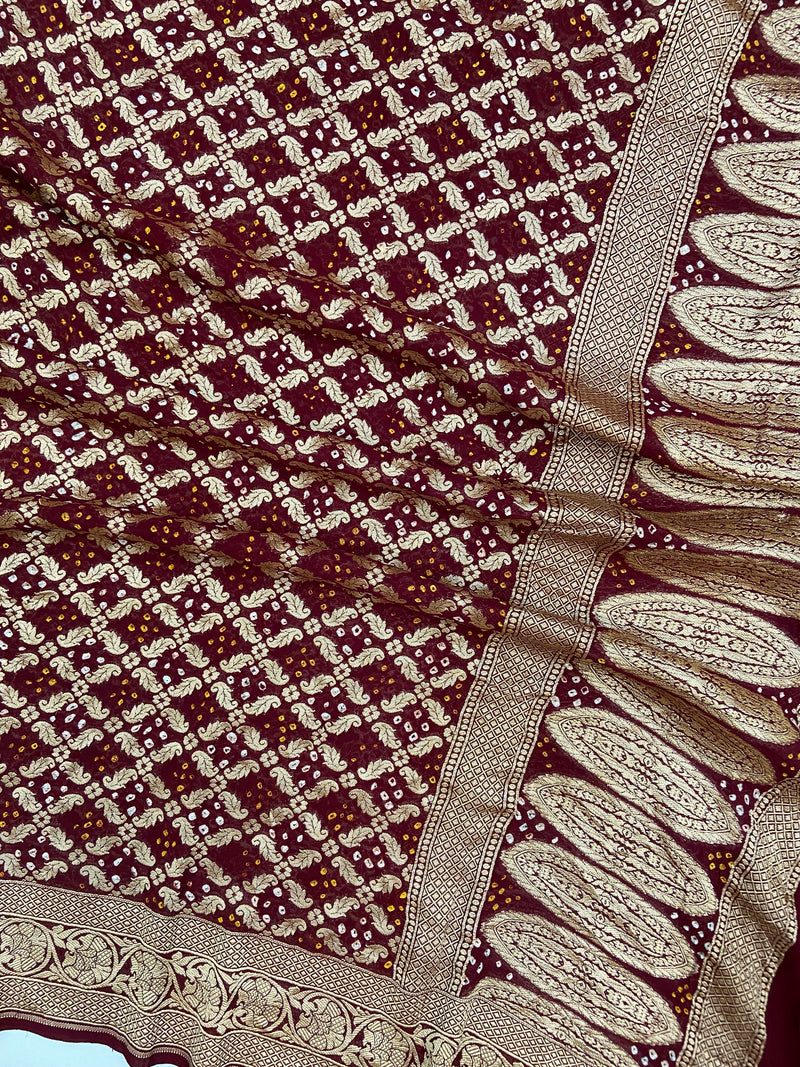 Maroon Pure Georgette Banarasi Bandhej Handloom Dupatta