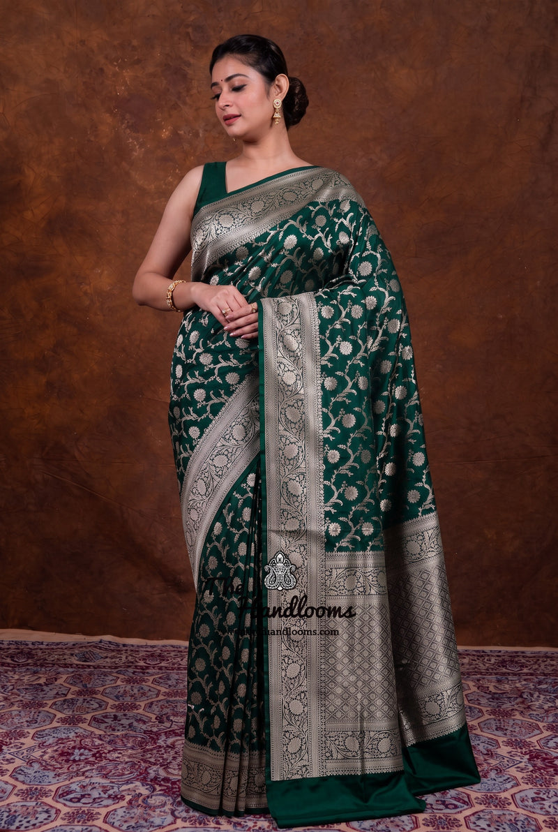 Bottle Green Pure Katan Silk Banarasi Handloom Saree - All Over Gold Zari Jaal Work