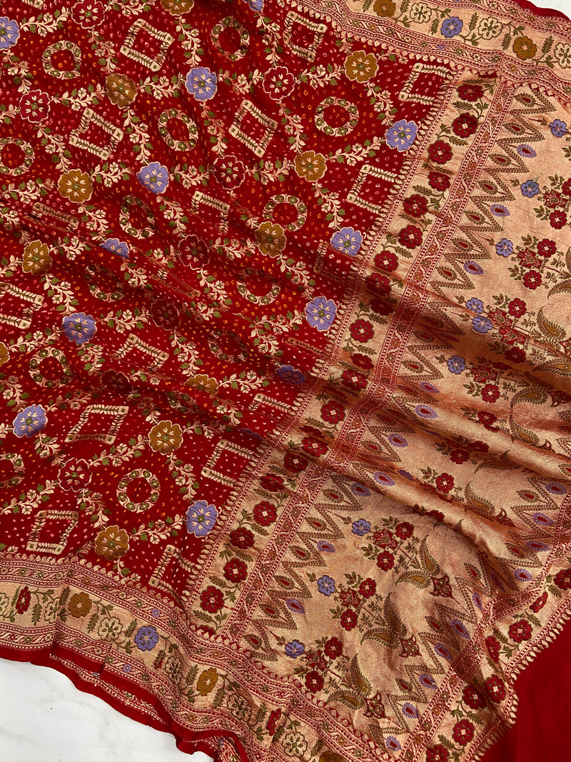 Pure Georgette Banarasi Bandhej Handloom Dupatta - The Handlooms