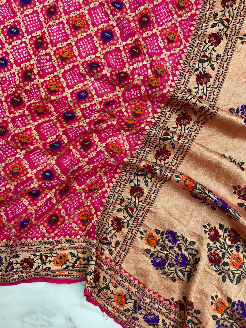 Pure Georgette Banarasi Bandhej Handloom Saree - Meenakari - The Handlooms