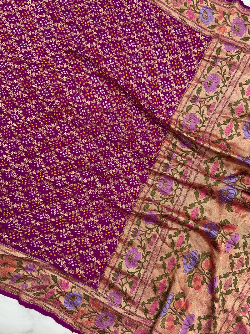 Pure Georgette Banarasi Bandhej Handloom Saree - Meenakari - The Handlooms
