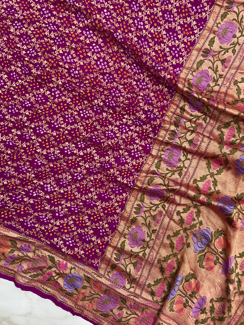 Pure Georgette Banarasi Bandhej Handloom Saree - Meenakari - The Handlooms