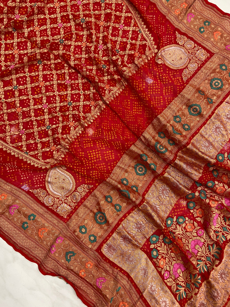 Pure Georgette Banarasi Bandhej Handloom Saree - Meenakari - The Handlooms