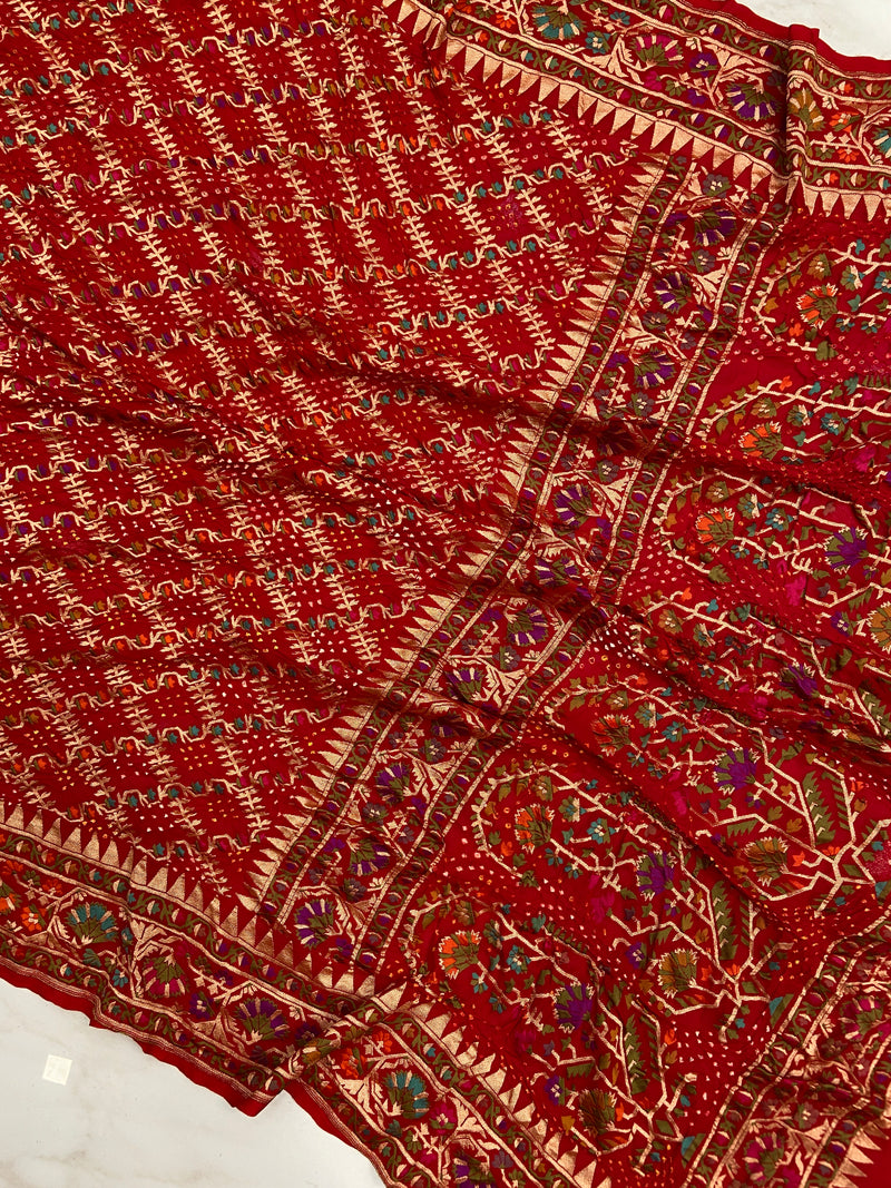 Pure Georgette Banarasi Bandhej Handloom Saree - Meenakari - The Handlooms