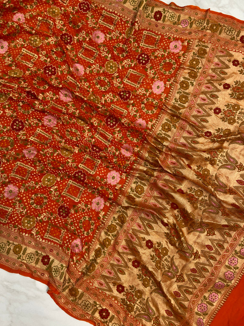 Pure Georgette Banarasi Bandhej Handloom Saree - Meenakari - The Handlooms