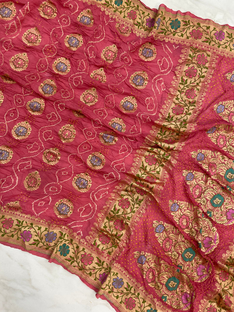 Pure Georgette Banarasi Bandhej Handloom Saree - Meenakari - The Handlooms