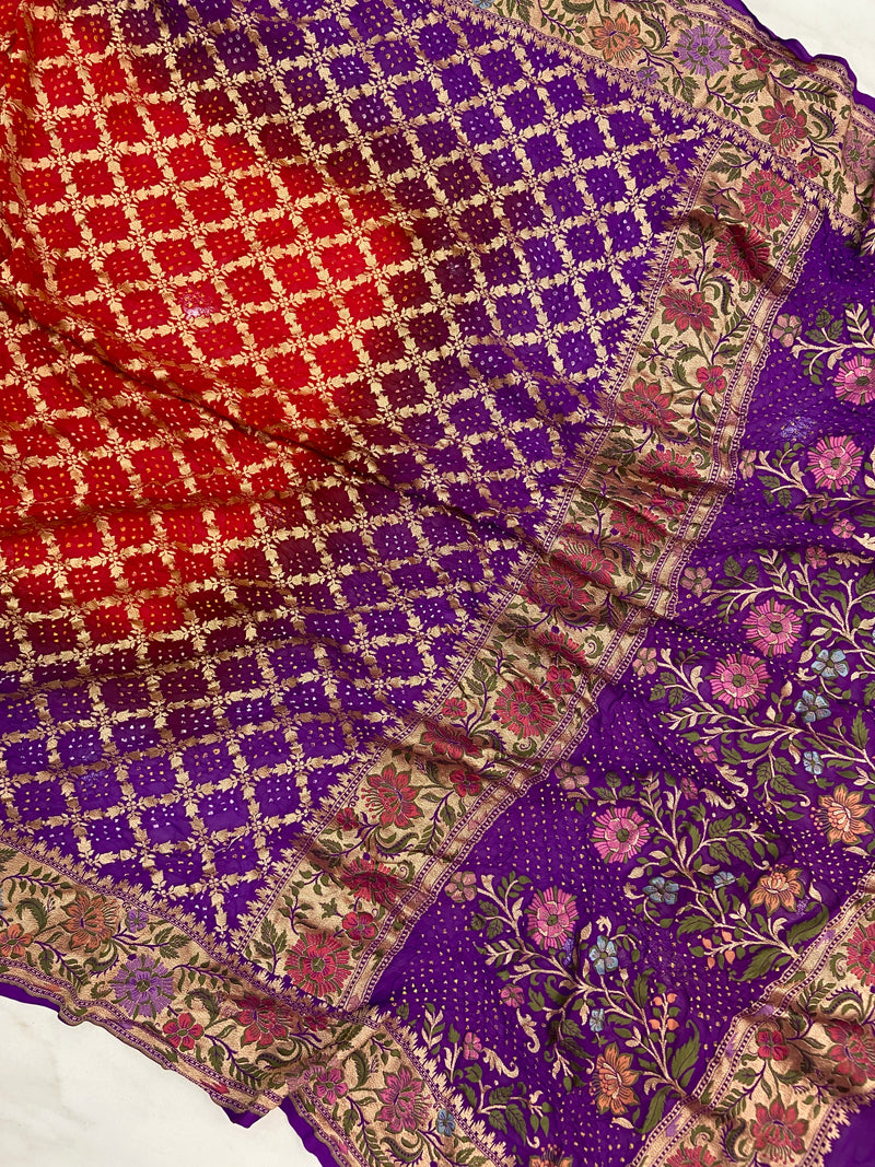 Pure Georgette Banarasi Bandhej Handloom Saree - Meenakari - The Handlooms