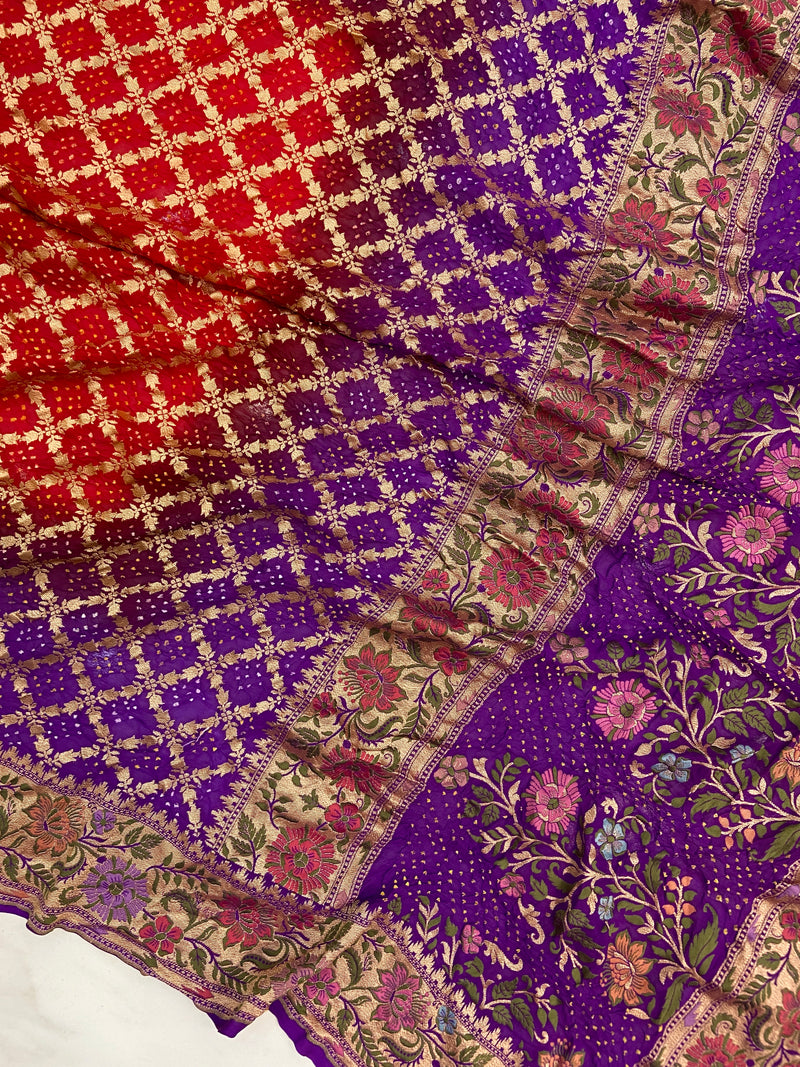 Pure Georgette Banarasi Bandhej Handloom Saree - Meenakari - The Handlooms