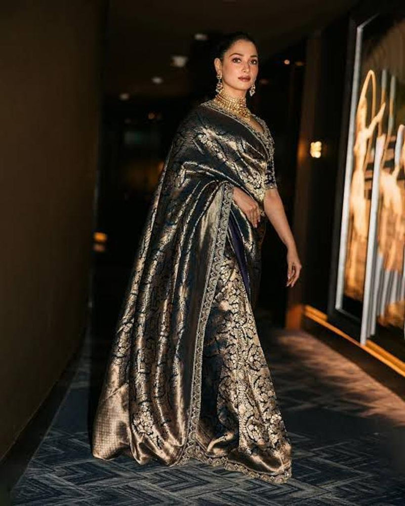 Tamannaah Bhatia Navy Blue Pure Katan Silk Banarasi Handloom Saree - Tanchui Brocade - The Handlooms