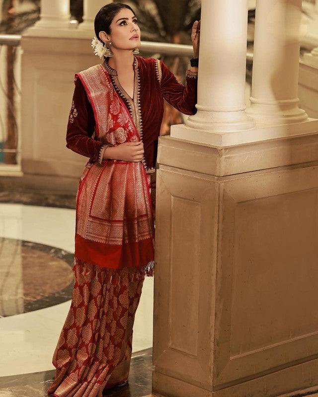 Raveena Tandon Pure Katan Silk Banarasi Handloom Saree -All over Sona Roopa Buta work - The Handlooms