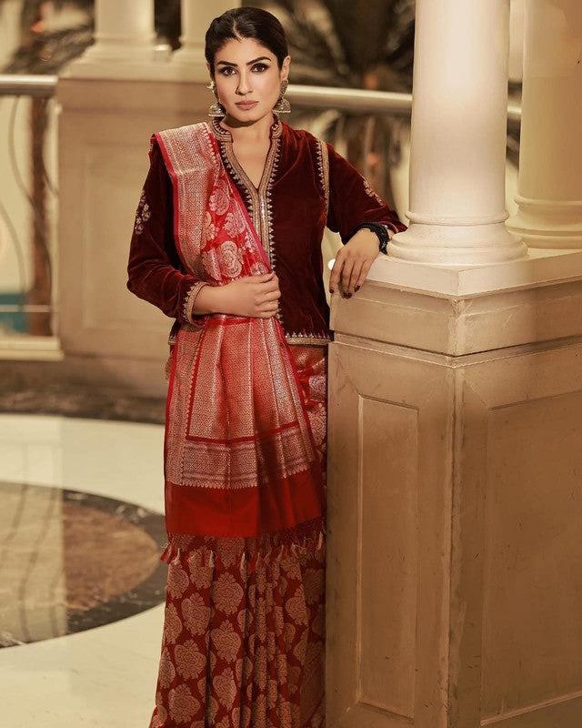 Raveena Tandon Pure Katan Silk Banarasi Handloom Saree -All over Sona Roopa Buta work - The Handlooms