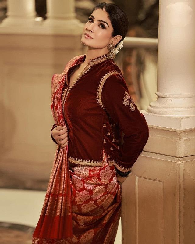 Raveena Tandon Pure Katan Silk Banarasi Handloom Saree -All over Sona Roopa Buta work - The Handlooms