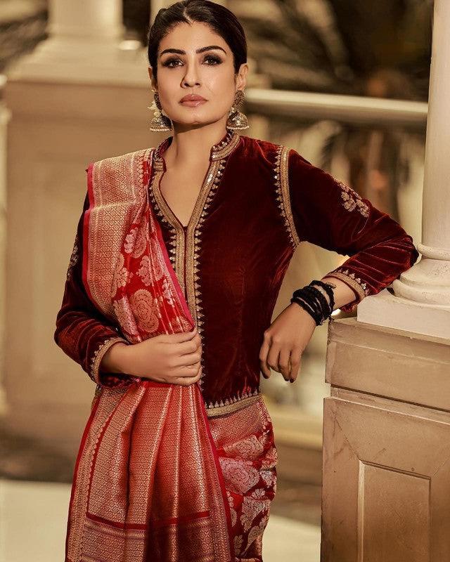 Raveena Tandon Pure Katan Silk Banarasi Handloom Saree -All over Sona Roopa Buta work - The Handlooms