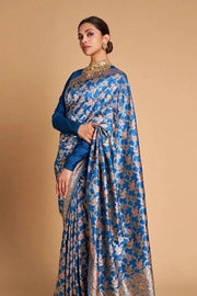 Deepika Padukonen in German Blue Pure Katan Silk Banarasi Handloom Saree - All over Jaal work with Meenakari - The Handlooms