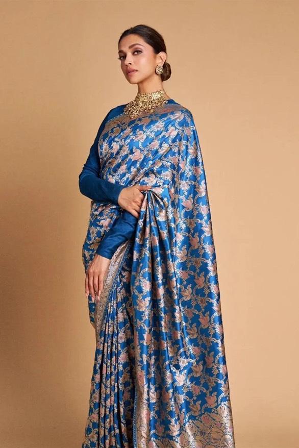Deepika Padukonen in German Blue Pure Katan Silk Banarasi Handloom Saree - All over Jaal work with Meenakari - The Handlooms