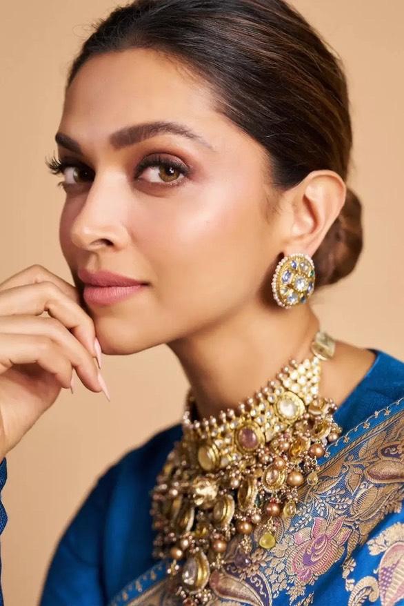 Deepika Padukonen in German Blue Pure Katan Silk Banarasi Handloom Saree - All over Jaal work with Meenakari - The Handlooms