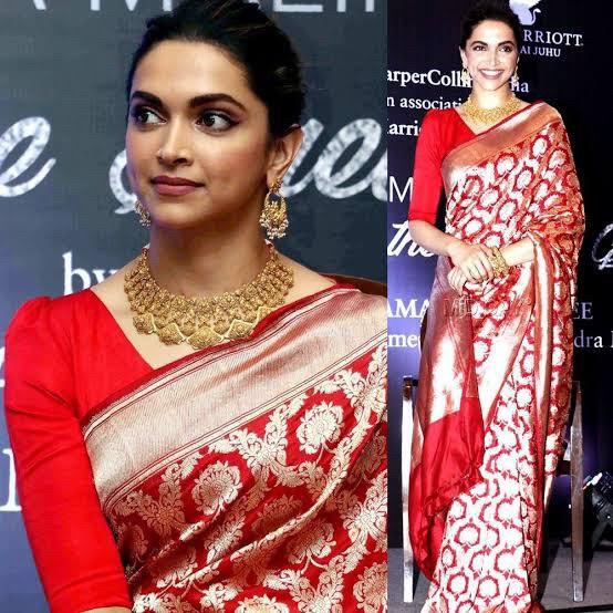 Deepika Padukone in Red Pure Katan Silk Banarasi Handloom Saree - All Over Jaal Work - The Handlooms