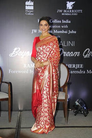 Deepika Padukone in Red Pure Katan Silk Banarasi Handloom Saree - All Over Jaal Work - The Handlooms