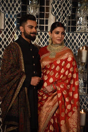 Anushka Sharma in Red Pure Katan Silk Banarasi Handloom Saree - All Over Jaal Work - The Handlooms