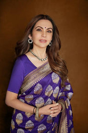 Nita Ambani in Purple Pure Katan Silk Banarasi Handloom Saree - All Over Sona Roopa Buta Work - The Handlooms