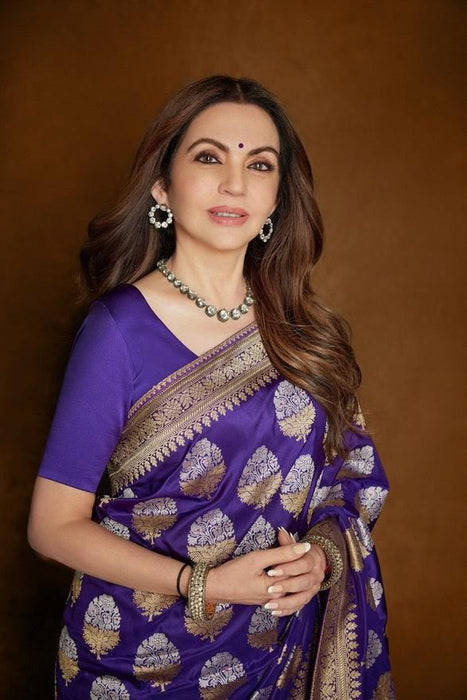 Nita Ambani in Purple Pure Katan Silk Banarasi Handloom Saree - All Over Sona Roopa Buta Work