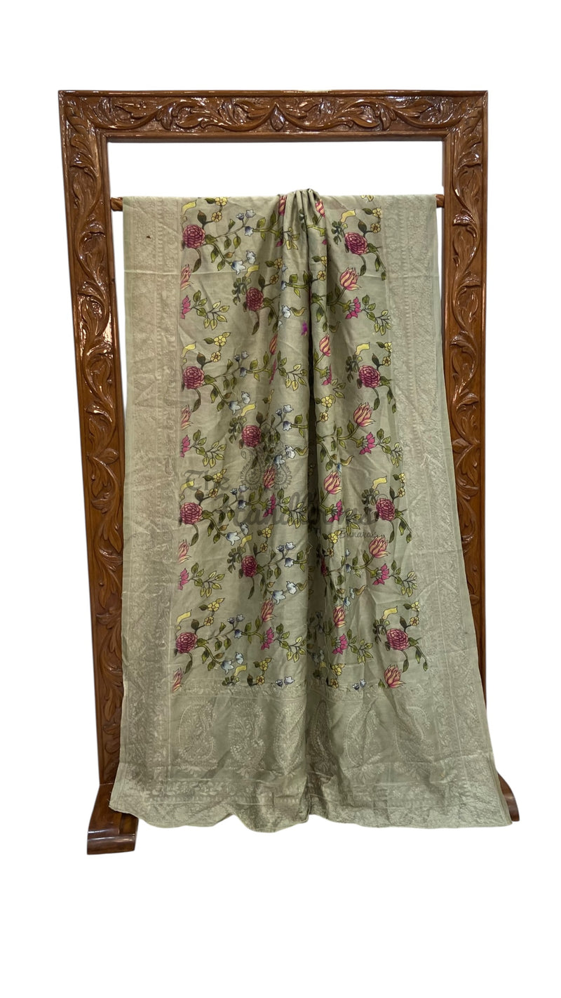 Pure Chiniya Silk Handloom Banarasi Saree With Chikankari - The Handlooms