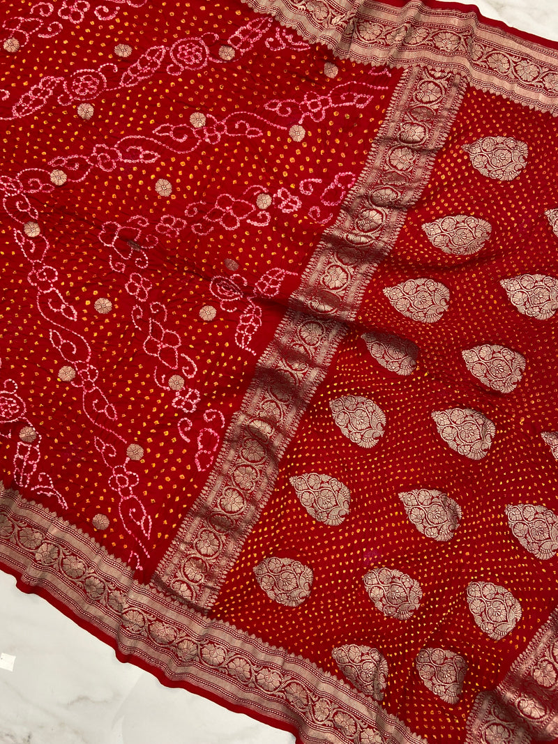 Pure Georgette Banarasi Bandhej Handloom Saree - The Handlooms