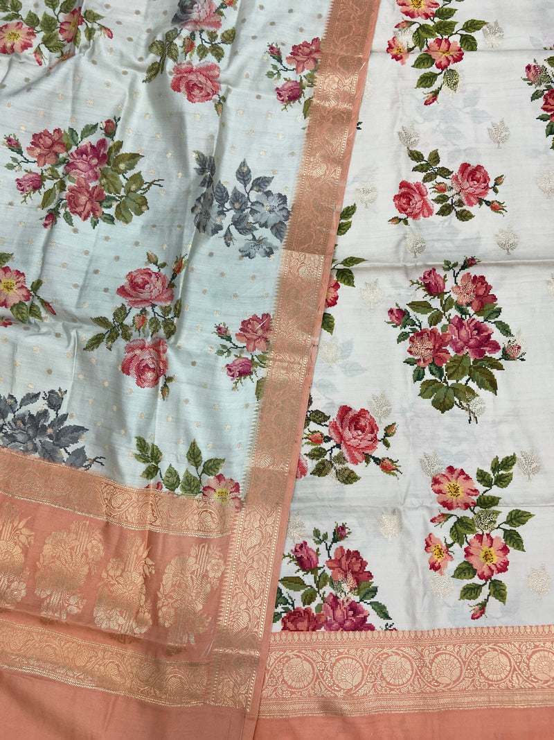 Pure Chiniya Silk Handloom Banarasi Dress Material with Elegant Digital Print - The Handlooms