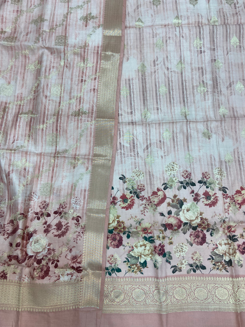 Pure Chiniya Silk Handloom Banarasi Dress Material with Elegant Digital Print - The Handlooms