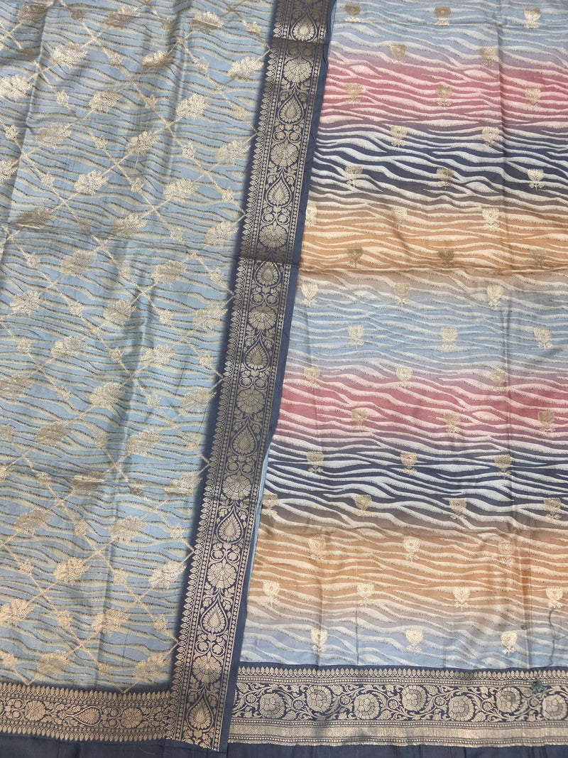 Pure Chiniya Silk Handloom Banarasi Dress Material with Elegant Digital Print - The Handlooms