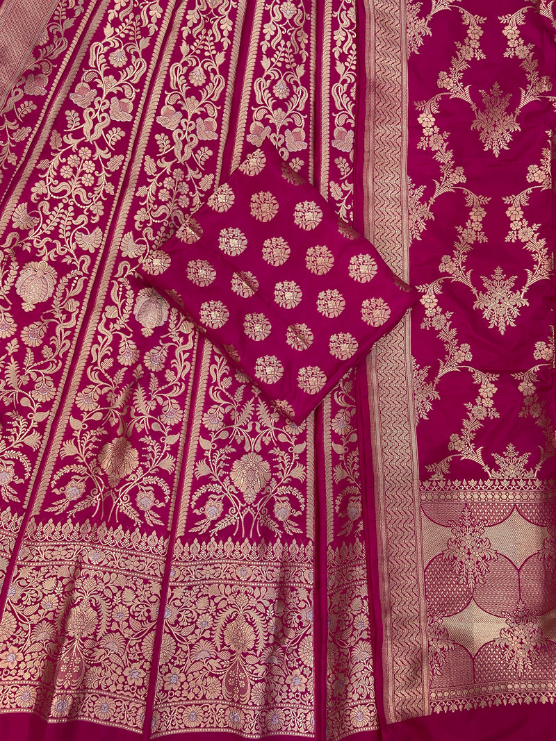 Pure Katan Silk Handloom Banarasi Lehenga All Over Sona Roopa Jaal Work