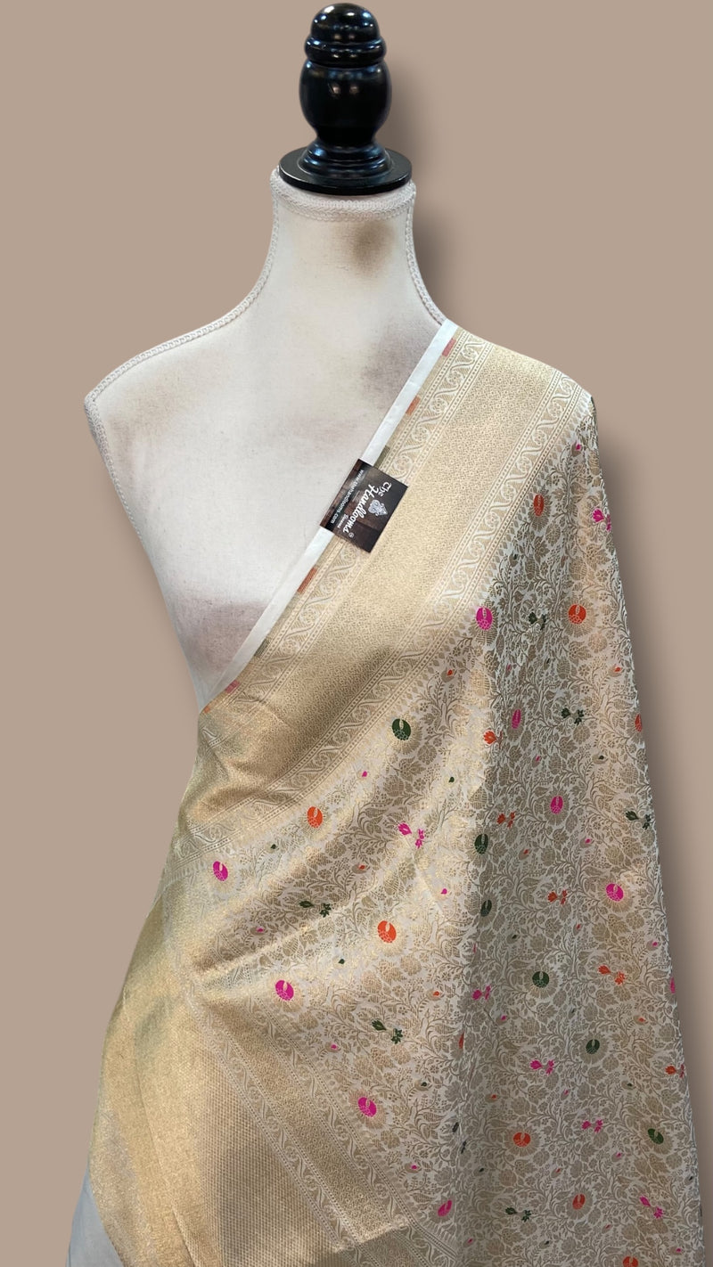 White Pure Katan Silk Handloom Banarasi Dupatta
