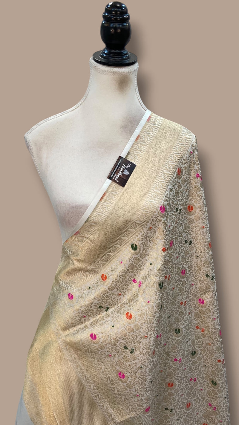 White Pure Katan Silk Handloom Banarasi Dupatta