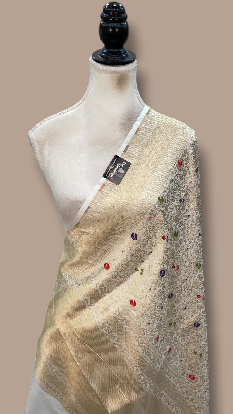 White Pure Katan Silk Handloom Banarasi Dupatta