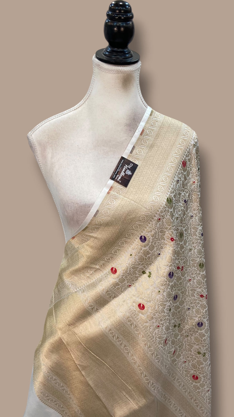 White Pure Katan Silk Handloom Banarasi Dupatta