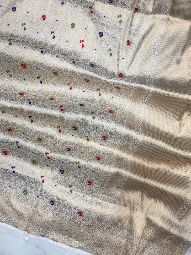 White Pure Katan Silk Handloom Banarasi Dupatta