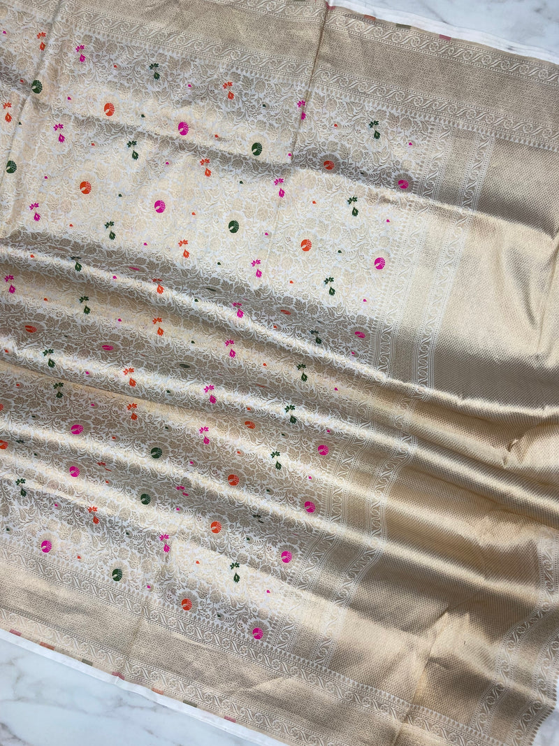 White Pure Katan Silk Handloom Banarasi Dupatta