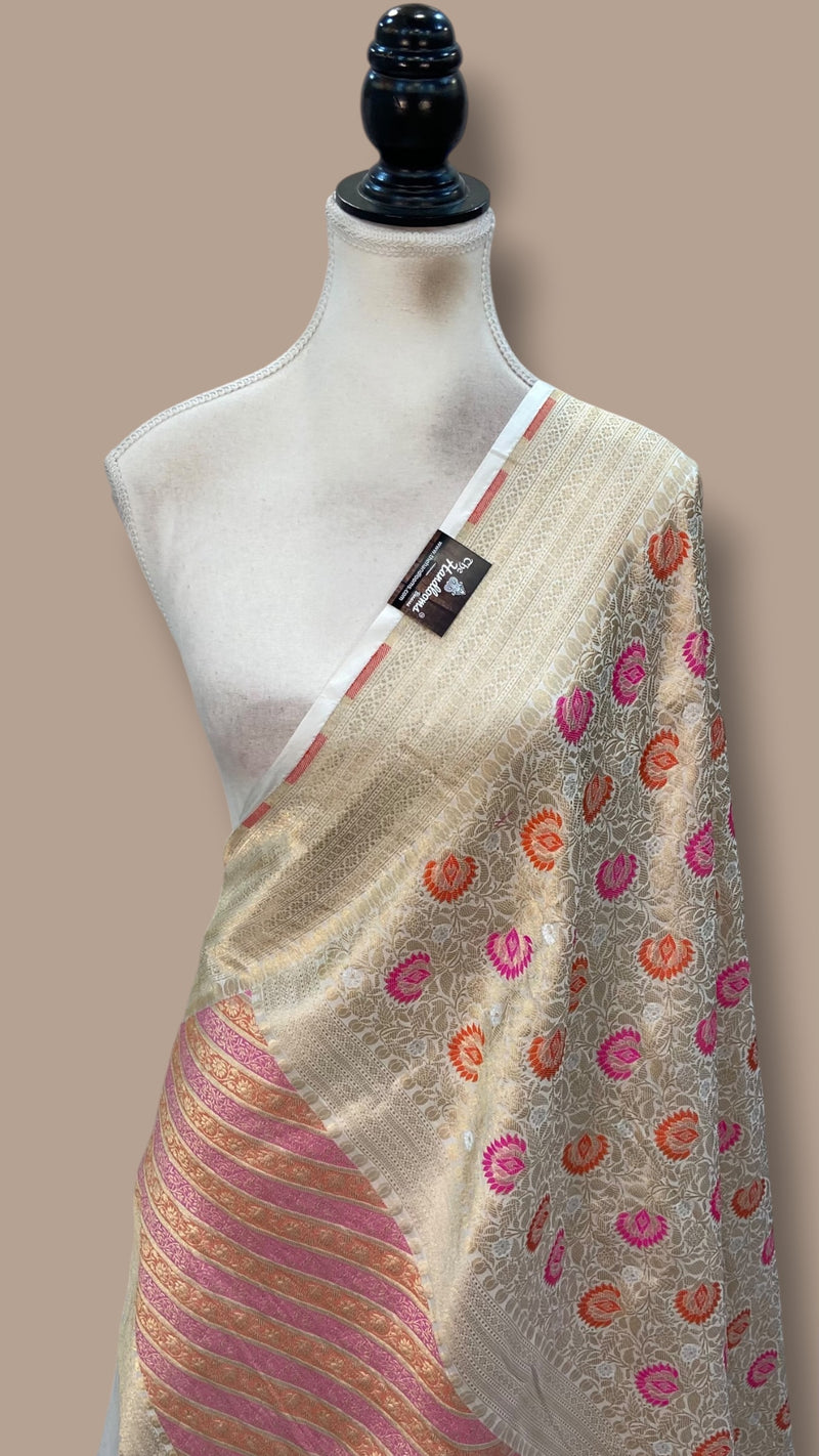 White Pure Katan Silk Handloom Banarasi Dupatta