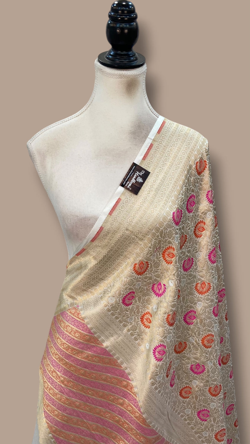 White Pure Katan Silk Handloom Banarasi Dupatta